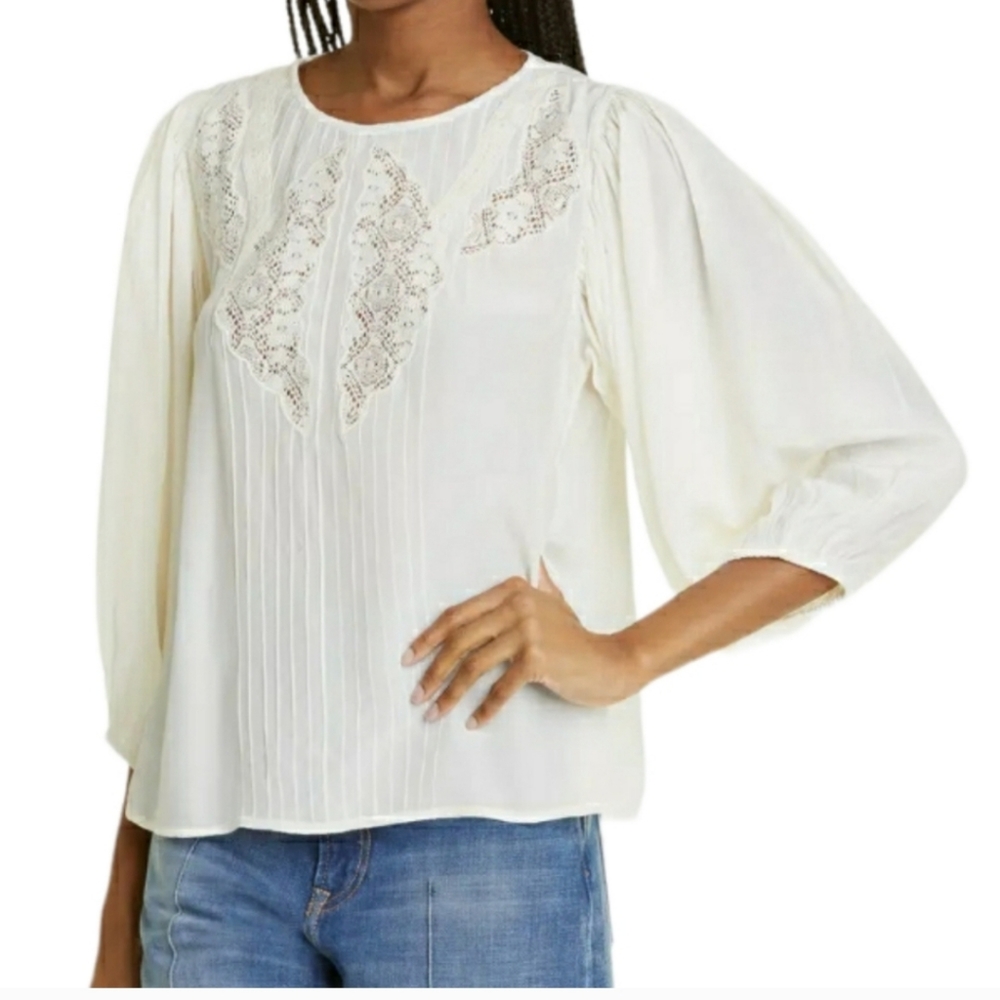 FARM Rio Cream Lace-Yoke Pintuck Blouse